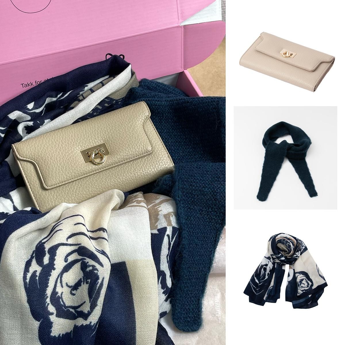 Gavepakke - beige - skjerf i viskose - strikket lite skjerf - lommebok i imitert skinn