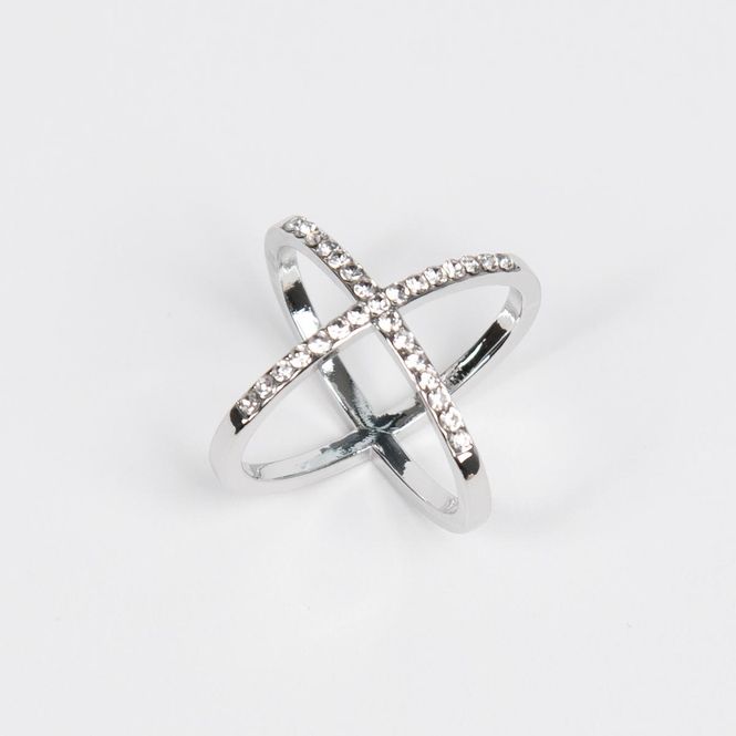 Huvudbild Stor halsduksring enkel X med strass - silver