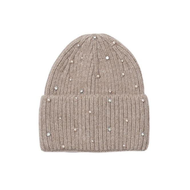 Hovedbilde Beige ribbestrikket lue med perler - ullblanding